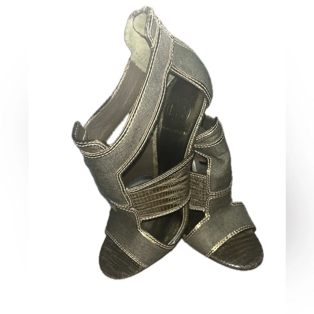 Tory Burch Geoff Olive Green & Gold Caged Heel Sandals 9.5M, Used